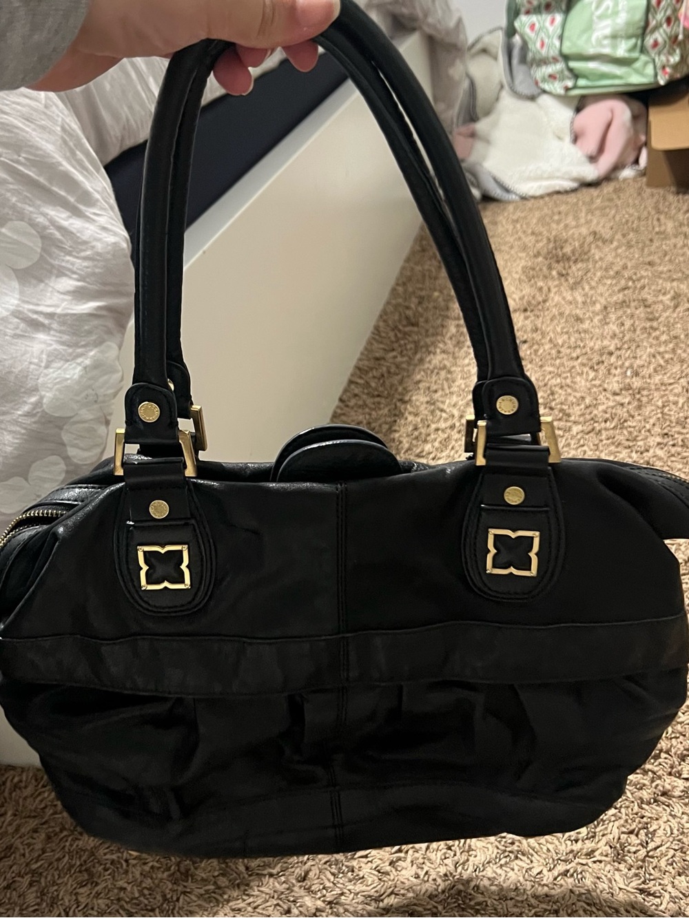 BCBGMaxAzria Black Shoulder Satchel with Gold Hardware - Picture 5 of 9